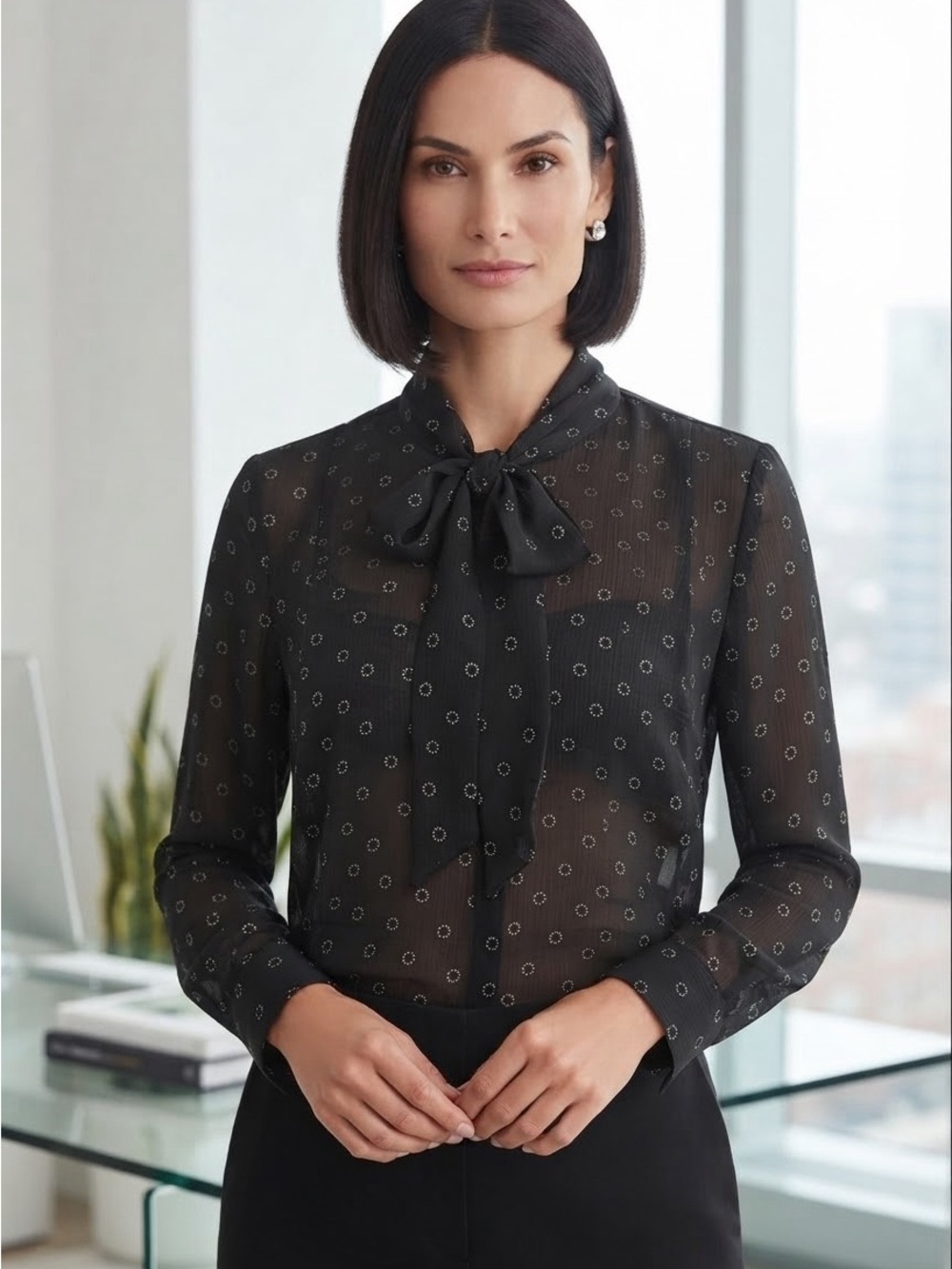 Ann Taylor Sheer Black Tie-Neck Blouse with Circular Dot Pattern